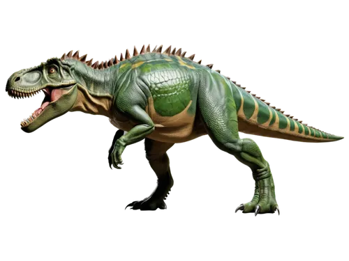 dinosaur, Tyrannosaurus Rex, side profile, green scaly skin, sharp teeth, powerful legs, clawed feet, muscular body, spiky tail, prehistoric, realistic texture, high contrast lighting, cinematic compo