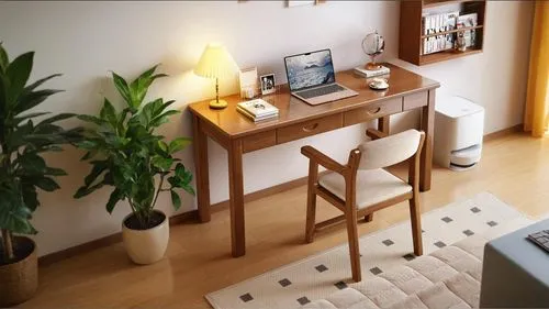 a wooden desk with an open laptop computer on it,wooden desk,writing desk,desk,office desk,working space,modern office