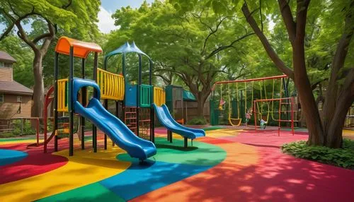 Playful playground, vibrant colors, climbing frames, spiral slides, sandbox, seesaw, swing sets, monkey bars, trampolines, colorful rubber flooring, shade-providing canopies, lush greenery surrounding