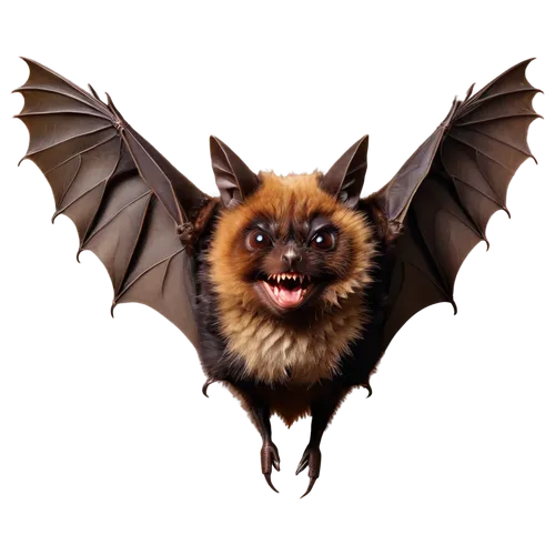 Dark brown bat, spread wings, furry body, pointy ears, beady eyes, sharp teeth, claws grasping, hanging upside down, close-up shot, dramatic lighting, high contrast, detailed texture, realistic render