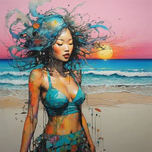 blue hawaii,sea breeze,sea beach-marigold,girl on the dune,sea-shore,the wind from the sea,psychedelic art,amano,sea water splash,mermaid background,the sea maid,bodypainting,boho art,neon body painting,art painting,han thom,siren,sea-lavender,exploration of the sea,oil painting on canvas,Conceptual Art,Graffiti Art,Graffiti Art 05