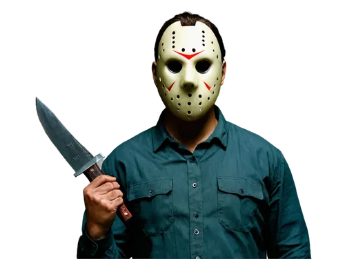 Jason Voorhees mask, horror character, Friday the 13th, machete in hand, worn and torn clothing, bloody scars, intimidating posture, menacing eyes, dark atmosphere, dramatic lighting, close-up shot, l