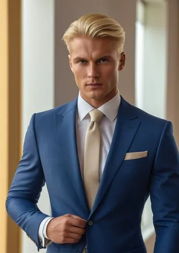 金发，西装男子
,man wearing a blue suit and beige tie,men's suit,zegna,wedding suit,navy suit,men clothes,men's wear,Photography,General,Realistic