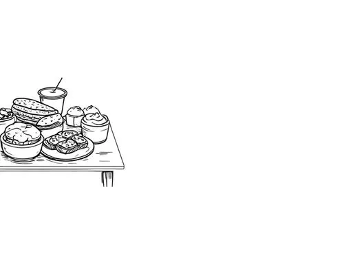 a picture of a table full of food,food line art,still life with jam and pancakes,grilled food sketches,hamburger set,bakery,food table,Design Sketch,Design Sketch,Rough Outline