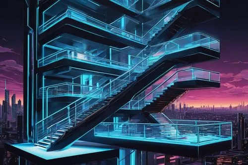 synth,fire escape,mainframes,skyscraper,cybercity,dna helix,helix,electric tower,cybertown,sedensky,cyberia,tron,stairwell,wavevector,multilevel,futurist,skycraper,silico,futuristic,skywalks,Conceptual Art,Oil color,Oil Color 24