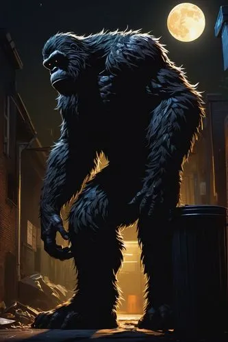 the silhouette of the big foot is leaning over a trash can, he is desperately looking for food, at night in a dark alley backlit by the moon. (anatomy-based character design), insanely detailed, ((mas