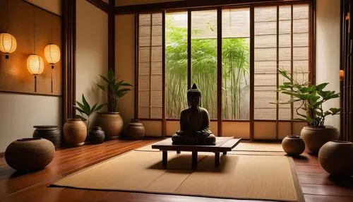 japanese-style room,ryokan,ryokans,zazen,japanese zen garden,zen garden,tatami,dojo,zen,tea ceremony,tea zen,zen stones,chanoyu,nembutsu,ikebana,bamboo plants,vipassana,japanese lamp,meditative,teahouse,Illustration,Realistic Fantasy,Realistic Fantasy 18