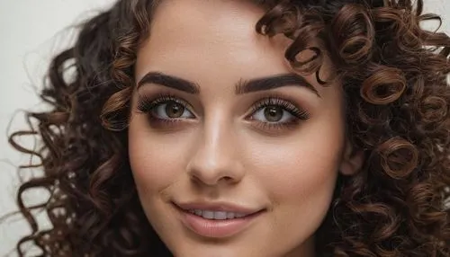 Portrait, close-up, facial features, beautiful detailed eyes, eyelashes, eyebrows, nose ring, soft focus, warm lighting, gentle smile, elegant hairstyle, curly brown hair, subtle makeup, natural skin 