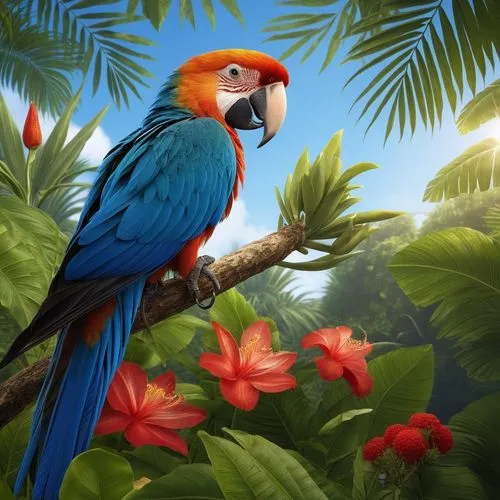 a painting of a blue and yellow bird perched on a nch,beautiful macaw,tropical bird,tropical birds,tropical bird climber,blue macaw,macaw,Photography,General,Realistic