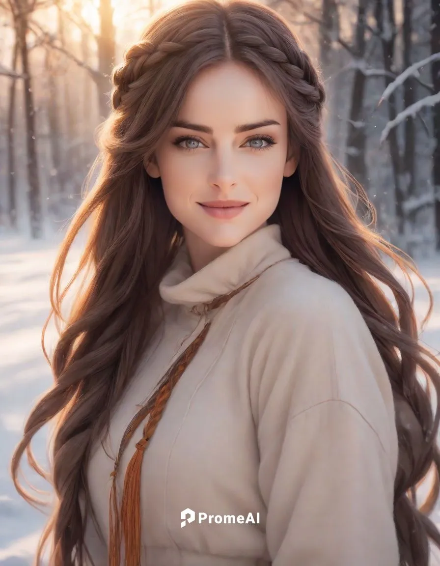 in a serene winter landscape, a lone figure takes in the stunning beauty of nature in its vibrant hues. Long shoulderlength hair, radiant head braids, graceful lines, gentle curves, delicate open hair