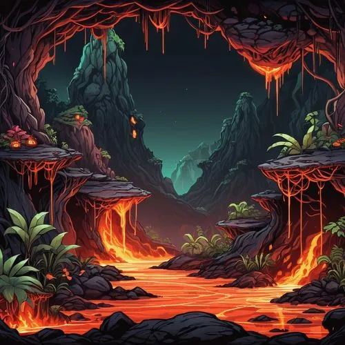 mushroom landscape,cartoon video game background,background design,fire background,cavern,caverns,Illustration,Abstract Fantasy,Abstract Fantasy 11