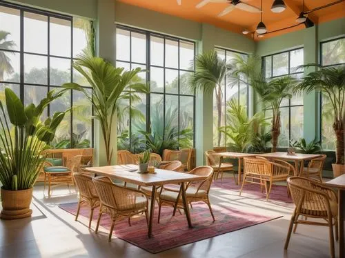 wintergarden,breakfast room,packinghouse,sunroom,house plants,conservatory,houseplants,patios,winter garden,conservatories,royal palms,tropical house,palm garden,exotic plants,outdoor dining,teahouse,patio furniture,potted plants,tropical greens,watercolor cafe,Illustration,Realistic Fantasy,Realistic Fantasy 11