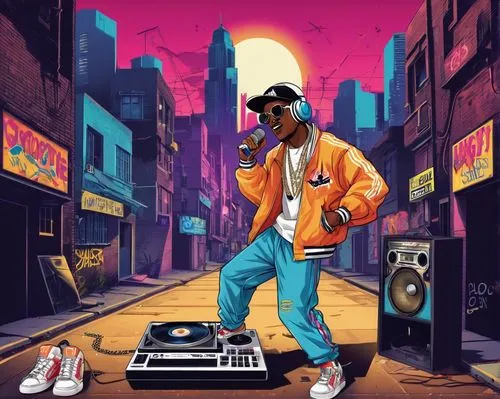 Retro rap album cover, 1990s style, gold chain, boombox, cassette tape, old school microphone, graffiti background, urban cityscape, night scene, bright neon lights, dark alleyway, DJ spinning records