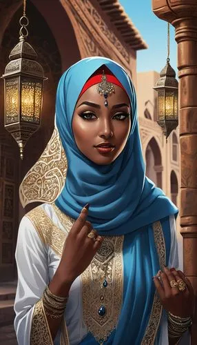 muslim spider woman, hijab, black eyes, thick eyelashes, dark skin, intricate henna tattoos on hands, blue and silver traditional clothing, golden thread embroidery, flowing white skirt, red gemstone 