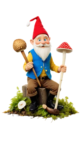 Small, free-spirited gnome, pointy red hat, white beard, bright blue eyes, rosy cheeks, green vest, yellow buttons, brown pants, holding small wooden staff, sitting on toadstool, surrounded by mushroo