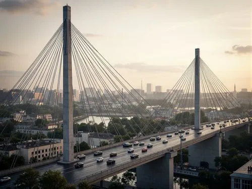 Functional steel bridges, modern suspension design, silver metallic color, sturdy pillars, reinforced concrete foundations, dynamic traffic flow, urban cityscape, misty morning atmosphere, soft warm l