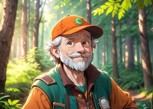 A 45 year old man, he is a forester, he is wearing an orange cap with a logo on it, his beard is chesnuts colored, he is wearing forester clothes green and brown colored, he has a few rickles on his f