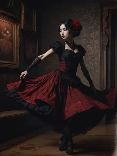 flamenco,danse macabre,gothic fashion,ballet master,gothic portrait,gothic dress,overskirt,victorian lady,dancer,victorian style,baroque,twirling,twirl,guelder rose,ballet dancer,red shoes,queen of hearts,gracefulness,classical,dress walk black,Illustration,Japanese style,Japanese Style 18