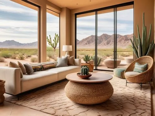 Southwest modern living room, sleek lines, earthy tones, beige walls, cream-colored sofa, geometric patterned rug, wooden coffee table with metal legs, floor-to-ceiling windows, sliding glass doors, p