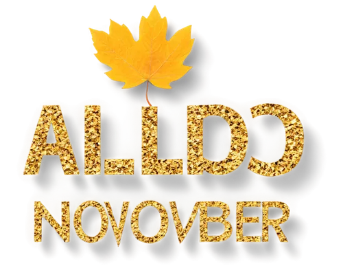 November, autumn season, golden leaves, clip-art style, transparent background, calendar page, bold font, bright colors, shiny surface, detailed textures, 3D appearance, front view, soft shadow, natur