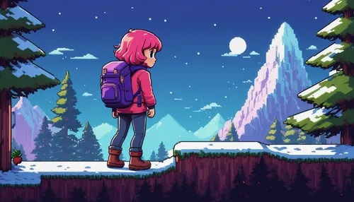 winter background,pixel art,snow trail,pines,winter forest,christmas snowy background,forest walk,snow scene,winter clothing,snowy landscape,wander,the girl next to the tree,winter dream,midnight snow,snow fields,snowfall,winter clothes,exploration,stroll,in the forest,Illustration,American Style,American Style 14