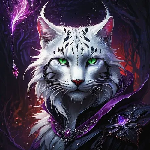 fantasy portrait,feral,maincoon,white cat,lynx,feline,animal feline,cat warrior,merlin,cat vector,artemis,fantasy art,mow,feline look,cat,lokportrait,white with purple,white tiger,vigilant,silver tabby,Illustration,Realistic Fantasy,Realistic Fantasy 16