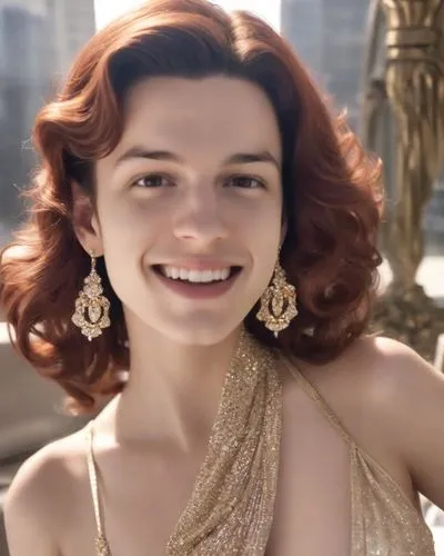 make me a beautiful busty girl with red long wavy hair, very femminine face, little nose, brown eyes, smile, giant perky breasts,daisy jazz isobel ridley,hathaway,great gatsby,hatun,mesquida,pearl nec