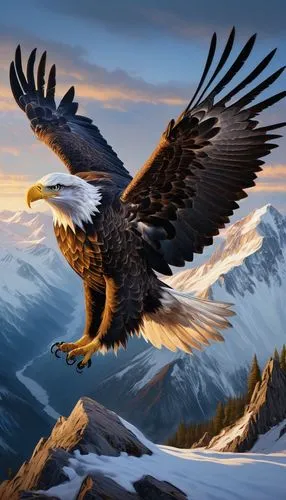 Majestic bald eagle, powerful muscular wings, sharp talons, strong beak, piercing yellow eyes, fluffy white feathers, regal posture, standing proudly, snow-capped mountain peak, icy cold wind, rugged 