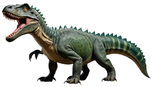 Long dinosaur, giant reptile, green scaly skin, sharp teeth, powerful legs, strong tail, angry facial expression, loud roaring, rugged texture, detailed wrinkles, afternoon sunlight, dramatic lighting