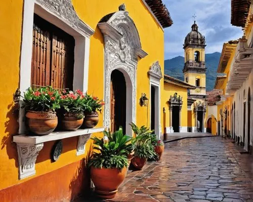 Ecuadorian architecture, colorful colonial style, ornate wooden doors, intricate stone carvings, vibrant ceramic tiles, grandiose staircases, ornamental balconies, lush greenery, tropical flowers, pal