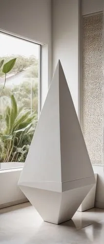 Hendrik Van Keppel's architectural pottery, modern abstract sculpture, white ceramic material, geometric shapes, sharp edges, sleek lines, matte finish, minimalist style, natural light, indoor setting