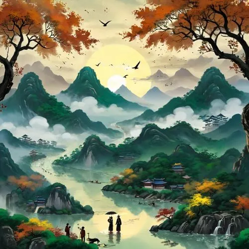 chuseok,guizhou,autumn mountains,mountain scene,landscape background,jixian,world digital painting,huangshan,xiangshan,mountainous landscape,jinchuan,mountain landscape,huanglong,rongfeng,qifeng,liangshan,jiangxi,shenxian,shaoming,yangshao,Illustration,Abstract Fantasy,Abstract Fantasy 23