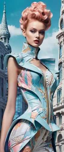 Architecture-inspired fashion design, futuristic buildings, structural clothing, 3D printed accessories, metallic fabrics, avant-garde models, catwalk setting, high-fashion photography, bold lighting,