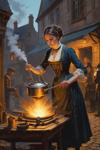 candlemaker,blacksmith,tinsmith,girl with bread-and-butter,dwarf cookin,girl in a historic way,girl in the kitchen,dutch oven,cookery,woman holding pie,cooking book cover,merchant,fire artist,pouring tea,metalsmith,clockmaker,cooking pot,bouillon,hatmaking,laundress,Conceptual Art,Fantasy,Fantasy 15