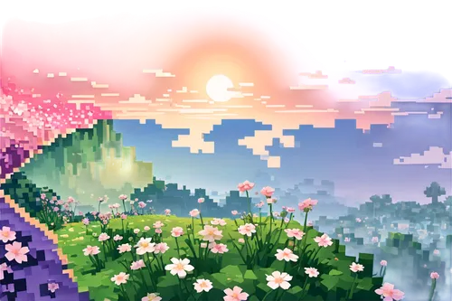 fairy world,blooming field,mushroom landscape,kaleidoscape,bloomeries,pixel cells,windbloom,falling flowers,sea of flowers,flower field,microworlds,field of flowers,overworld,flowers celestial,fairy galaxy,skyflower,flowerful desert,skylands,purple landscape,fairy forest,Unique,Pixel,Pixel 03