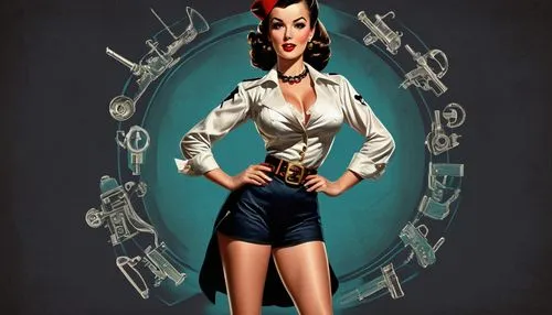 illustration cartoon. comic character single pin up girl brunette. front view full standing body captain pirates clothes classic. from head to toe. antique guns in hands. dark background skulls comic 