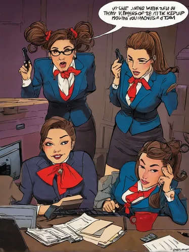 Describe a humorous moment when Vi and Caitlyn try to work as a team but keep messing up.,business women,businesswomen,girl scouts of the usa,receptionists,telephone operator,1940 women,women in techn