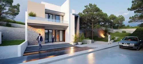 DISEÑO EXTERIOR DE UNA RESIDENCIA  ESTILO MINIMALISTA, CON MUROS CON CANTERA GRIS, EN COMBINACION CON MUROS DE COLOR BLANCO Y GRIS,VENTANAS DE ALUMNIO CON CRSITAL, PLANO CINEMATOGRAFICO, CORRECCION DE