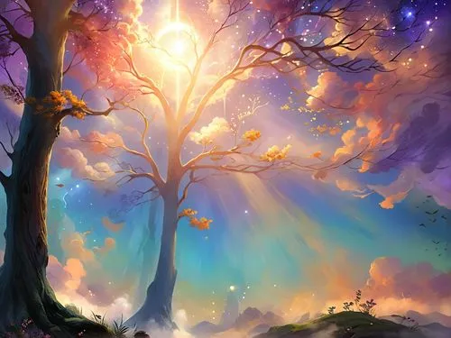 a painting of trees on a colorful background,fairy forest,colorful tree of life,magic tree,fantasy landscape,fantasy picture,autumn background,Illustration,Realistic Fantasy,Realistic Fantasy 01