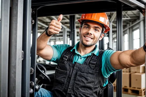 forklift driver giving thumbs up,electrical contractor,warehouseman,tradesman,ironworker,forklift,forklift truck,fork lift,blue-collar worker,prefabricated buildings,construction industry,impact drive