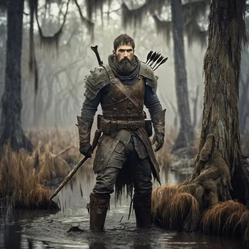 Fallout 3, Swampfolk, male, muscular, rugged, weathered skin, messy brown hair, thick beard, worn leather armor, torn pants, muddy boots, holding a makeshift spear, standing in a murky swamp, twisted 