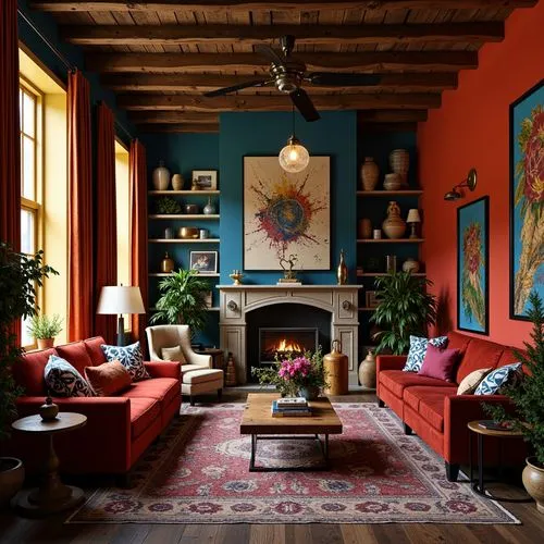 sitting room,living room,livingroom,home interior,interior decor,loft,interior design,great room,interiors,fireplaces,bohemian art,the living room of a photographer,interior decoration,contemporary decor,mid century,maximalism,decors,mid century modern,furnishings,decor