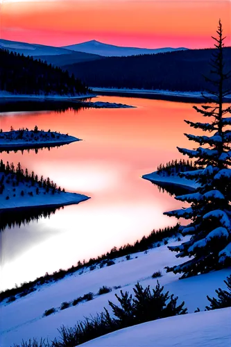 Winter landscape, snowy mountain, orange-pink sunset, snowflakes gently falling, evergreen trees with snow-covered branches, frozen lake in distance, rocky shoreline, warm light casting long shadows, 