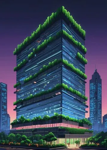 Modern architectural design, onlays, futuristic skyscraper, sleek metallic structure, LED lights embedded in walls, gleaming glass façade, cantilevered floors, open-air rooftop garden, lush greenery, 