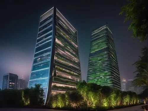 Modern futuristic skyscraper, sleek metallic exterior, intricate geometric patterns, floor-to-ceiling windows, rooftop garden with lush greenery, LED lights illuminating the structure at night, citysc