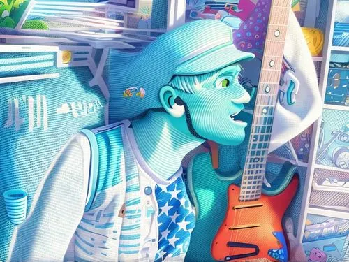 make it cartoon-like in bright colors ,musician,guitar player,animator,musicians,serenade,animation,sci fiction illustration,animated cartoon,music store,cg artwork,guitarist,guitar,singing,musical ba