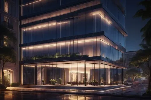 Modern skyscraper, luxurious villa, grand entrance, marble columns, large glass windows, steel frames, sleek lines, minimalist design, cityscape, busy streets, night lighting, neon signs, reflective s