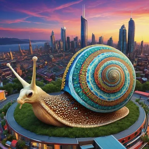 " Dibujo de un caracol psicodélico en un fantástico paisaje urbano del futuro, construido completamente con elementos desechados. En medio de la escena, se destaca un caracol de colores vibrantes. El 