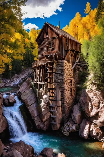 water mill,old mill,gristmill,water wheel,dutch mill,wooden bridge,log bridge,tower fall,hangman's bridge,log home,flour mill,fall landscape,hydropower plant,gooseberry falls,mill,vail,hanging bridge,covered bridge,log cabin,salt mill,Illustration,Paper based,Paper Based 07