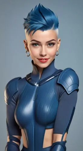 woman african face model,   suit, Mohawk haircut with shaved sides, angular cheekbones,  Strong and angular mandibule, big smile, Modern sport,a woman in futuristic blue outfit with blue hair,liara,sp